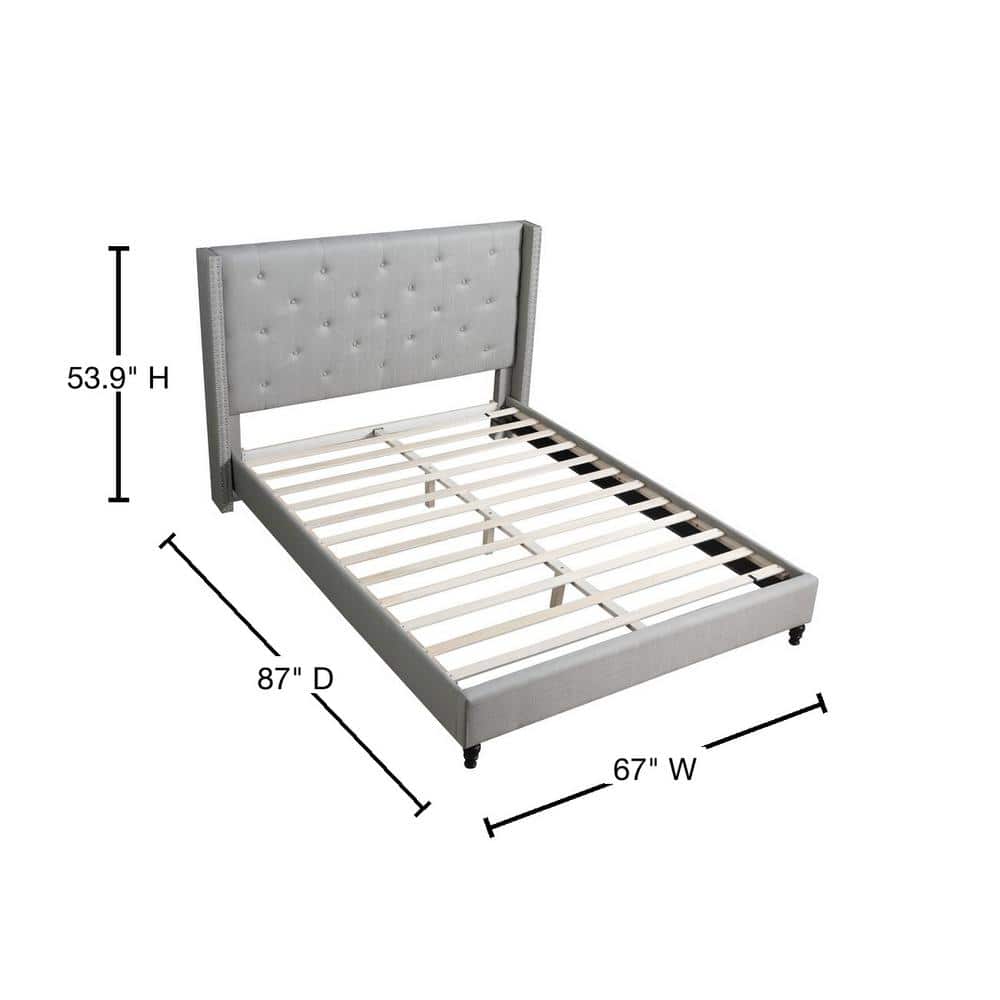 Elegant Linen Queen Platform Bed with Tufted Wingback and Nailhead Trim