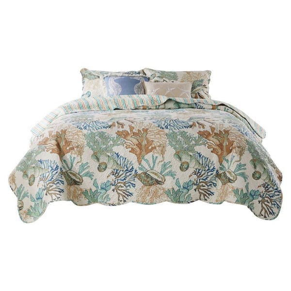 Benjara Wade 4-Piece Multi-Color Floral Pattern Ocean Design Microfiber Twin Quilt Set with Scalloped Edges
