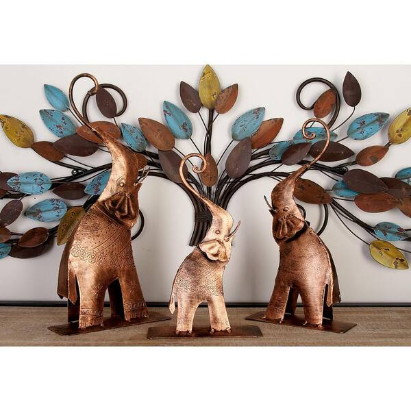 Litton Lane Elephant Decorative Figurine in Bronze Gold Etched Iron (Set of 3)