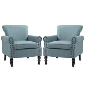 Light Blue Linen Nailhead Trim Upholstered Accent Armchair With Solid Wood Legs(Set of 2)