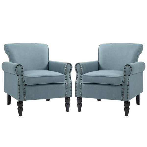 Uixe Light Blue Linen Nailhead Trim Upholstered Accent Armchair With Solid Wood Legs(Set of 2)
