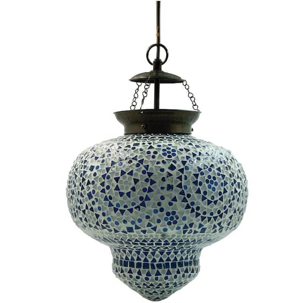 40-Watt 1 Light Antique Brass Finish, White and Blue Glass Mosaic and Metal Pendant Light