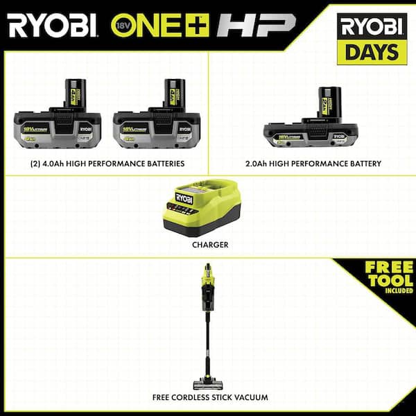 ONE+ HP 18V Kit w/ (2) 4.0 Ah Batteries, 2.0 Ah Battery, Charger, & FREE ONE+ HP Stick Vacuum