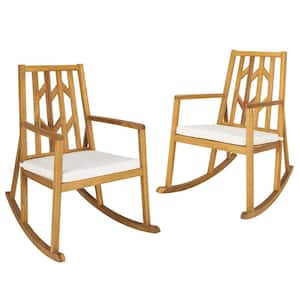 Wood Outdoor Rocking Chair Acacia Wood Armrest with Beige Cushions (2-Pack)