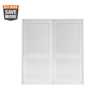 60 in. x 80 in. Hybrid Core Primed MDF Composite Louvered Double Prehung Universal Interior French Door with Ball Catch