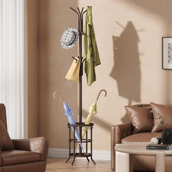 Freestanding Brown Metal Coat Rack Umbrella Stand with 12-Hooks Sturdy Space-Saving Design Easy Assembly