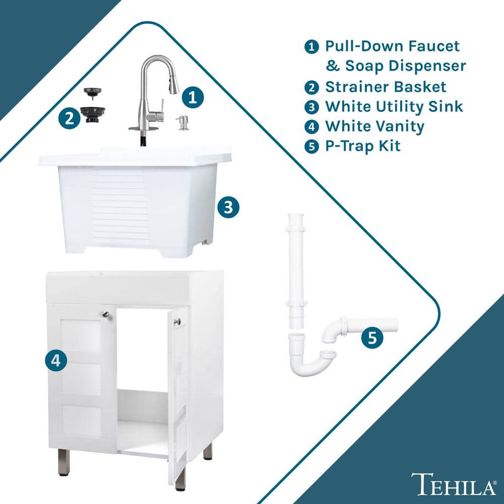 White Freestanding Laundry Sink Cabinet with Stainless Steel Faucet