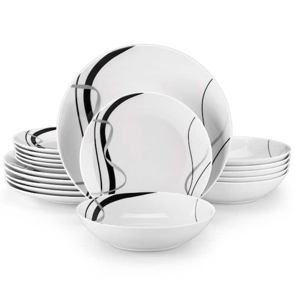 VEWEET 18-Piece White Porcelain Dinnerware Set (Service for 6) Ribbon Pattern Dinner Plates Dessert Plates and Pasta Bowls