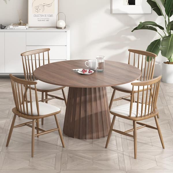 Round Walnut Wood 46 in. Column Base Dining Table Seats 4
