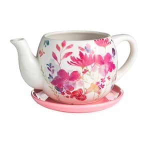 Floral Indoor/Outdoor Pink Ceramic Tea Pot Planter with Saucer