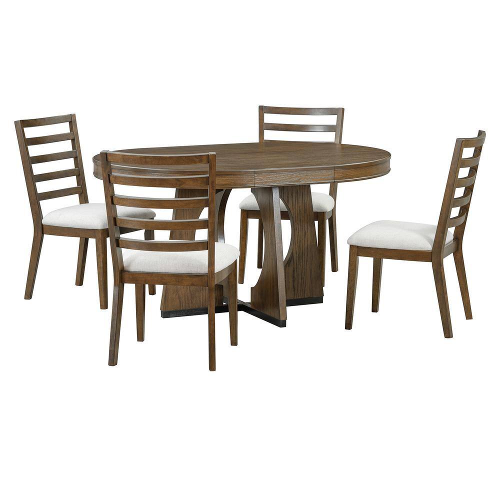 5-Piece Round Extendable Walnut MDF Top Dining Table Set Seats 4