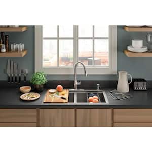 Lyric Dual Mount Workstation Stainless Steel 33 in 4-Hole Double Bowl Kitchen Sink with Integrated Ledge and Accessories