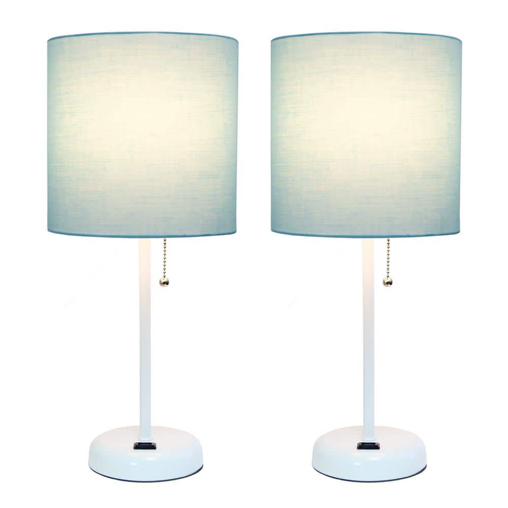 19.5" White Stick Table Lamp Set with Aqua Fabric Shades