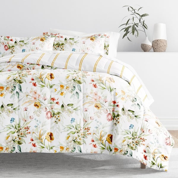 Becky Cameron 7-Piece Chintz Floral Stripe Clay Pattern Comforter Queen Microfiber Bedding Bundle