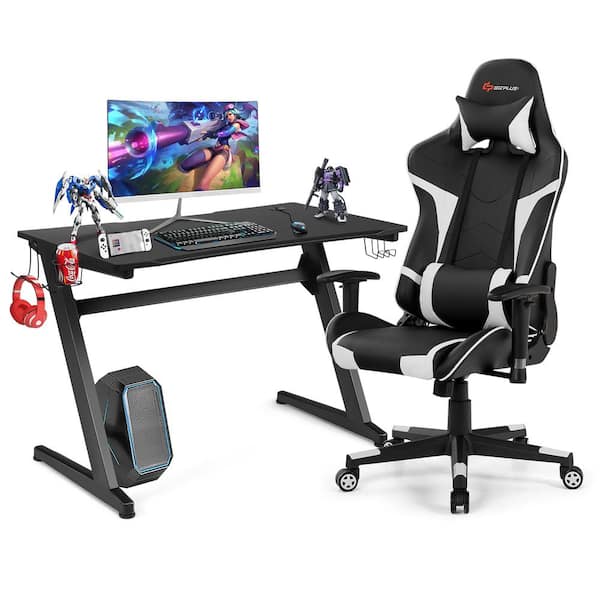 Costway 45.5 in. Black Z-Shaped Racing Style Desk & Black+ White Massage Gaming Chair Set for Home Office