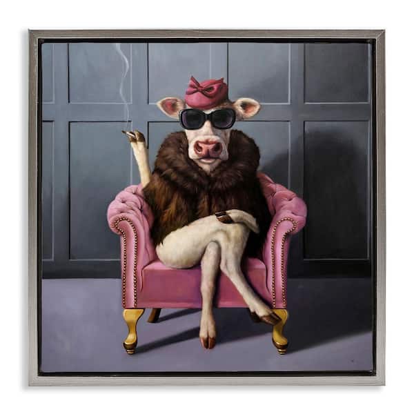 Stupell Industries Trendy Pink Glam Cow by Lucia Heffernan 1-Piece Gray Floater Frame Animal Graphic Art Print 18 in. x 18 in.