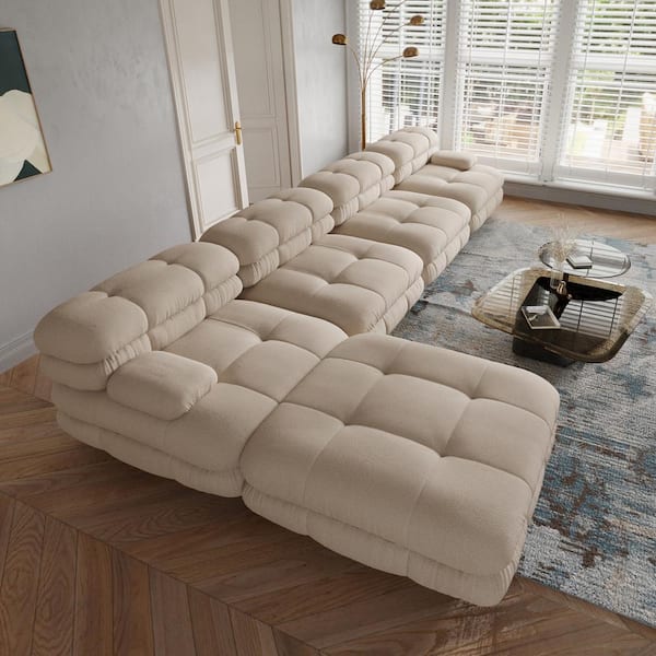 Magic Home Vintage 146 in. Square Arm 4-Piece Velvet Curved Soriana L-Shaped Sectional Sofa in Light Brown