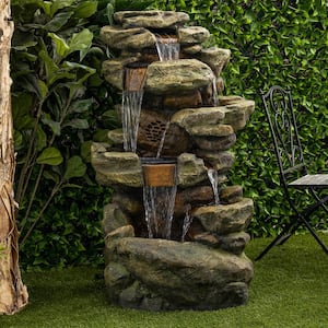 51 in. Tall Outdoor Rainforest Floor Tiered Fountain with LED Lights and Bluetooth Speaker