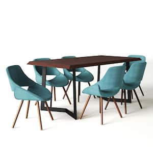 Malden 7-Pieces Dining Set with 6-Upholstered Bentwood Dining Chairs in Turquoise Blue Woven Fabric 72 in. Wide Table