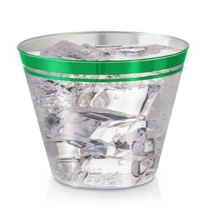 9 oz. 2 Line Green Rim Clear Disposable Plastic Cups, Party, Cold Drinks, (110/Pack)