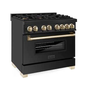 Autograph Edition 36 in. 6 Burner Dual Fuel Range in Black Stainless Steel and Polished Gold