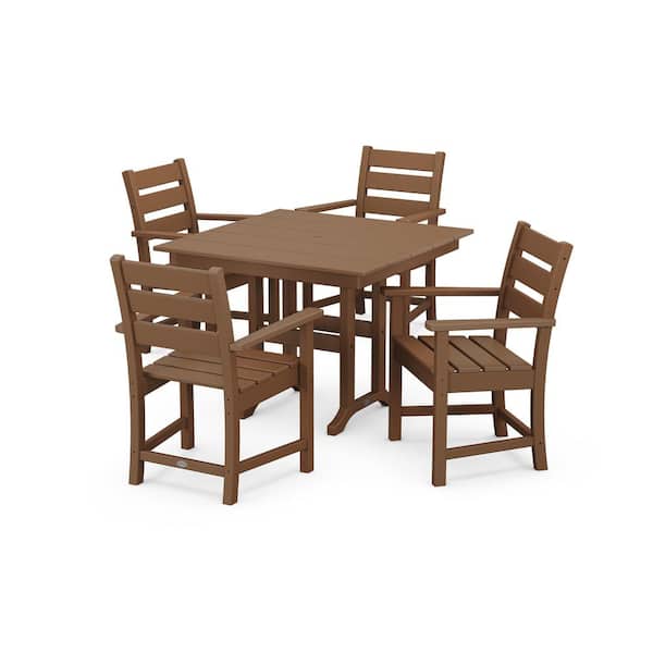 POLYWOOD Grant Park 5-Piece Farmhouse Plastic Outdoor Patio Arm Chair Dining Set in Teak