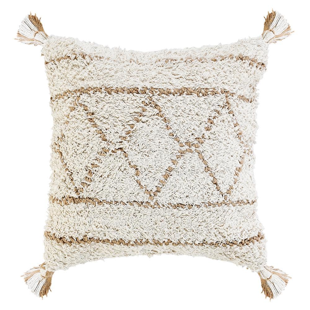 Reed White/Tan Beige Bohemian Chic Diamond Geometric Plush Jute/Cotton Poly