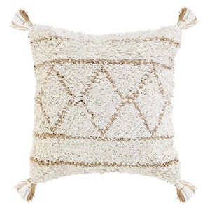 Reed White/Tan Beige Bohemian Chic Diamond Geometric Plush Jute/Cotton Polyfill 20 in. x 20 in. Indoor Throw Pillow
