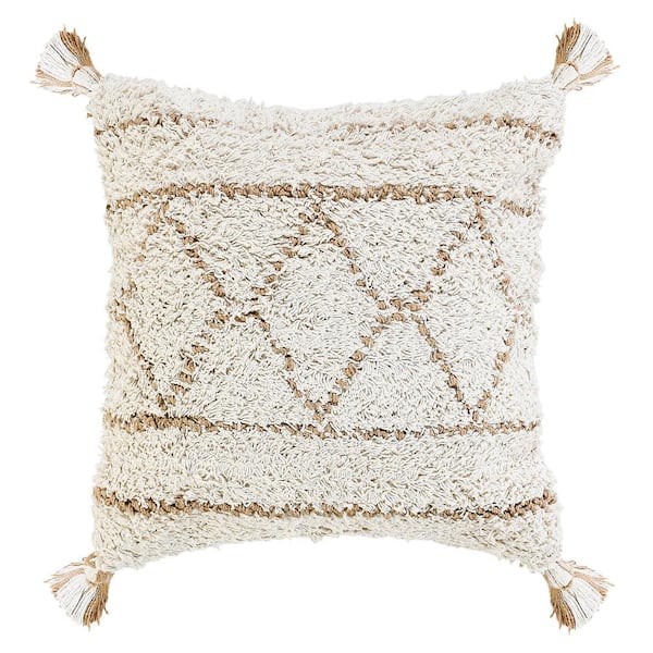 Unbranded Reed White/Tan Beige Bohemian Chic Diamond Geometric Plush Jute/Cotton Polyfill 20 in. x 20 in. Indoor Throw Pillow