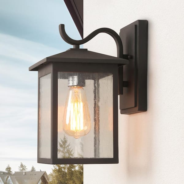 Modern Textured Black Outdoor Sconce with Seeded Glass Shade 1-Light Weather Resistant Wall Lantern for Porch Patio