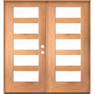 ASCEND Modern 72 in. x 80 in. Left-Active/Inswing 5-Lite Clear Glass Teak Stain Double Fiberglass Prehung Front Door