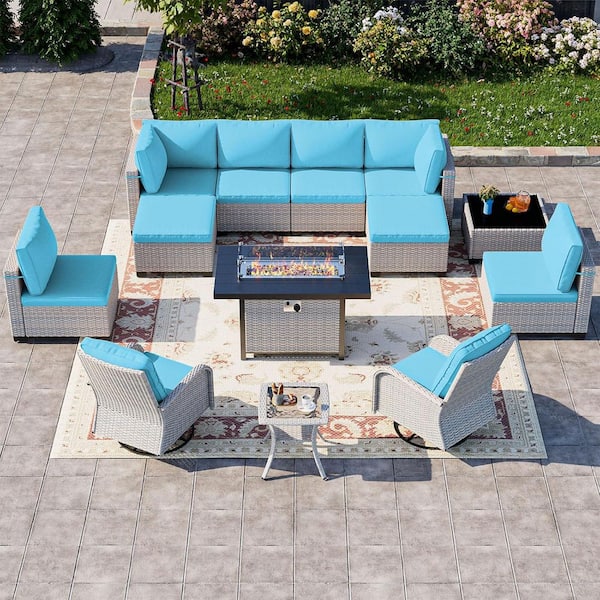 13-Piece Wicker Patio Conversation Set with Fire Pit Table and Top Table. Swivel Rocking Chairs with Turquoise Cushions