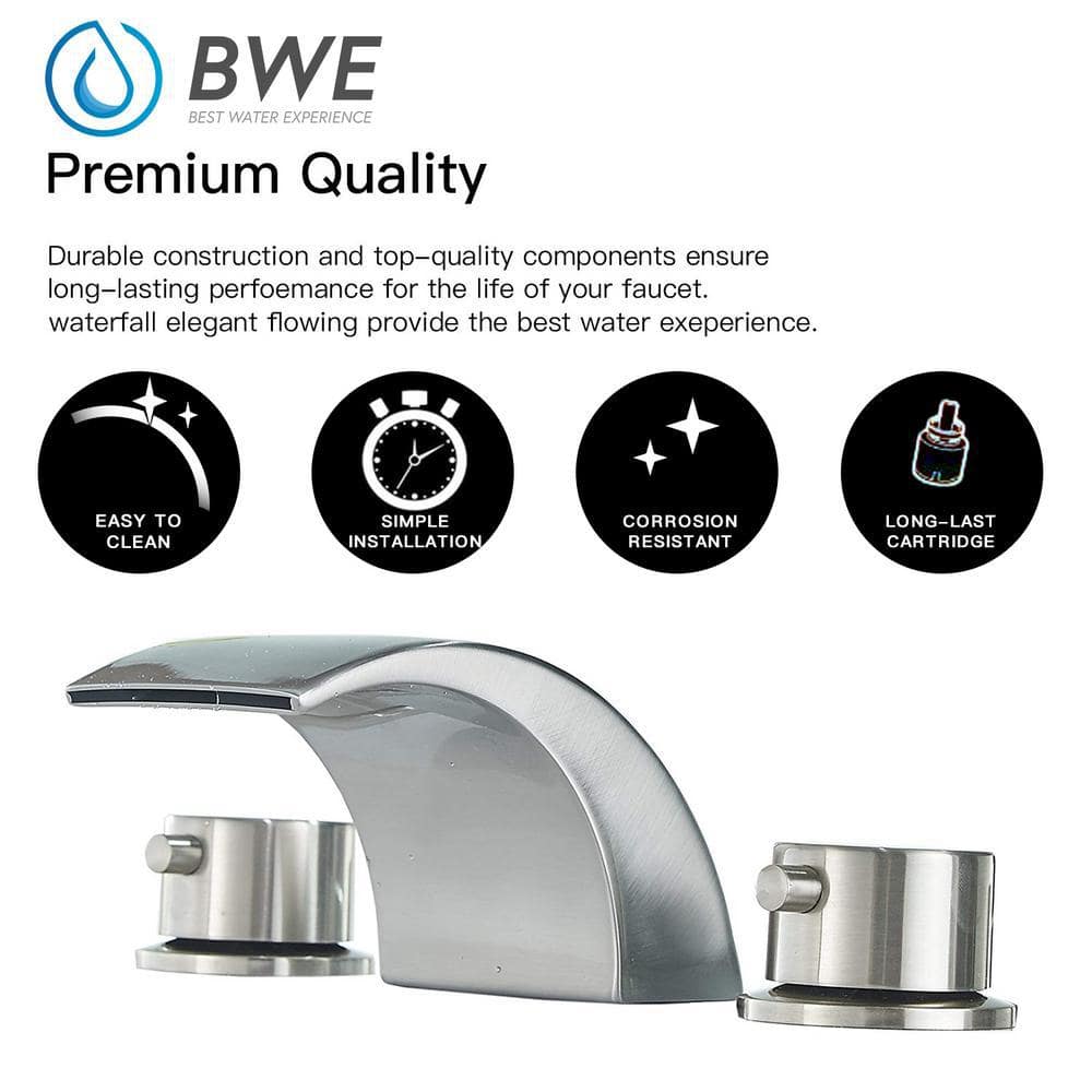 Brushed Nickel 8-Inch Widespread Waterfall Bathroom Faucet with LED Light