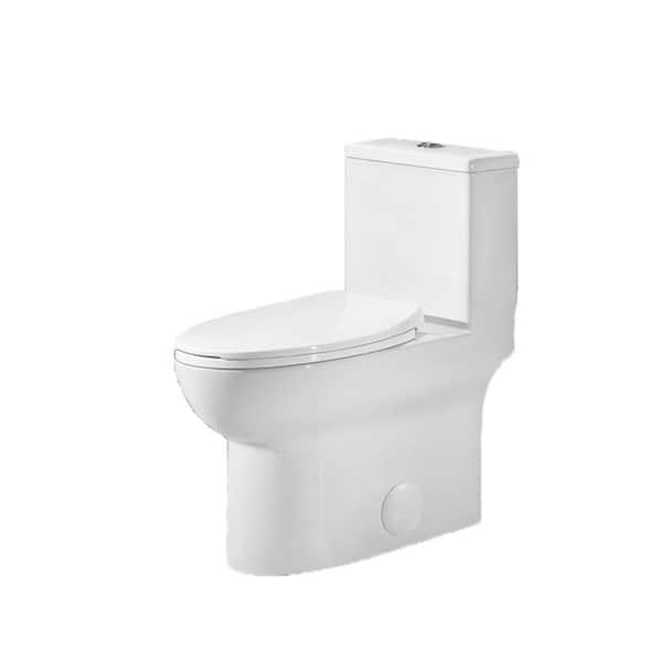 1-Piece 1.1/1.60 GPF Dual Flush Elongated Round Toilet in Glossy White, Seat Included