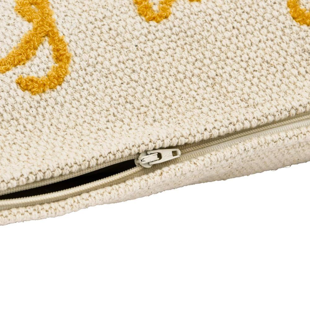 Cream and Mustard Embroidered Cotton Lumbar Pillow