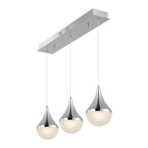 Elyse Teardrop 33 in. 3-Light Chrome/White Modern Mid-Century Iron/Acrylic Linear Integrated LED Pendant