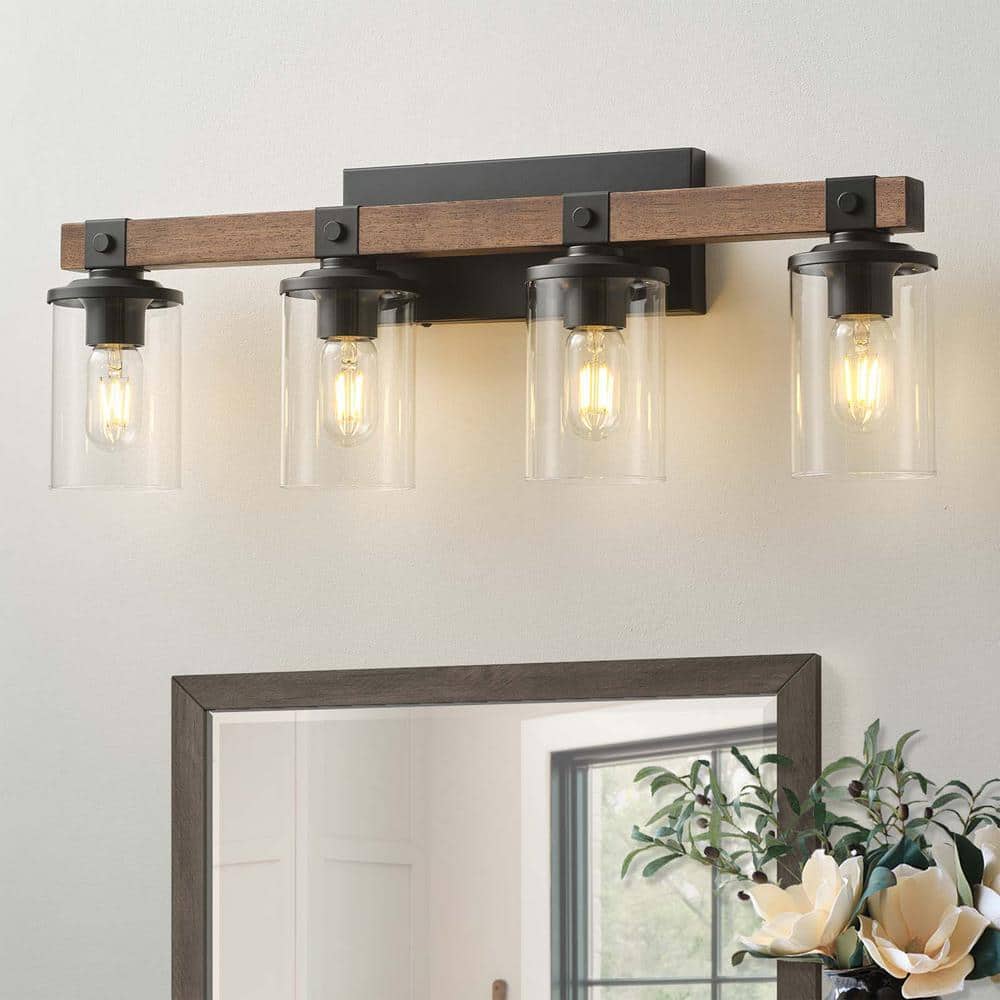 27.56 in. 4-Lights Black and Brown Wood Rustic Farmhouse Bathroom Vanity Li