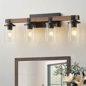 27.56 in. 4-Lights Black and Brown Wood Rustic Farmhouse Bathroom Vanity Light with Cylinder Glass Shade