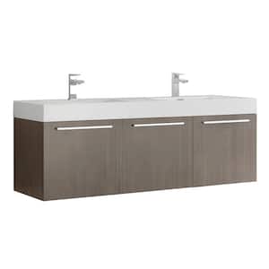 Vista 60 in. Modern Wall Hung Bath Vanity in Gray Oak with Double Vanity Top in White with White Basins