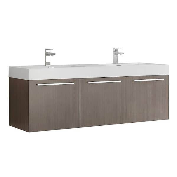 Fresca Vista 60 in. Modern Wall Hung Bath Vanity in Gray Oak with Double Vanity Top in White with White Basins
