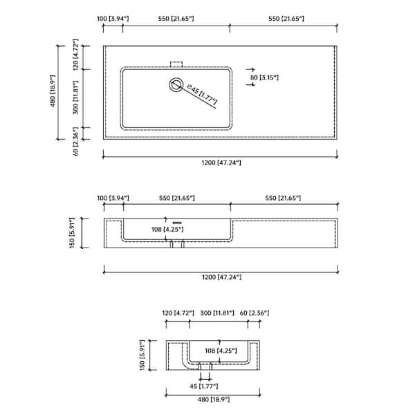 HOPROME 47 x 19 in. Solid Surface Wall Mount Left Bathroom Vessel