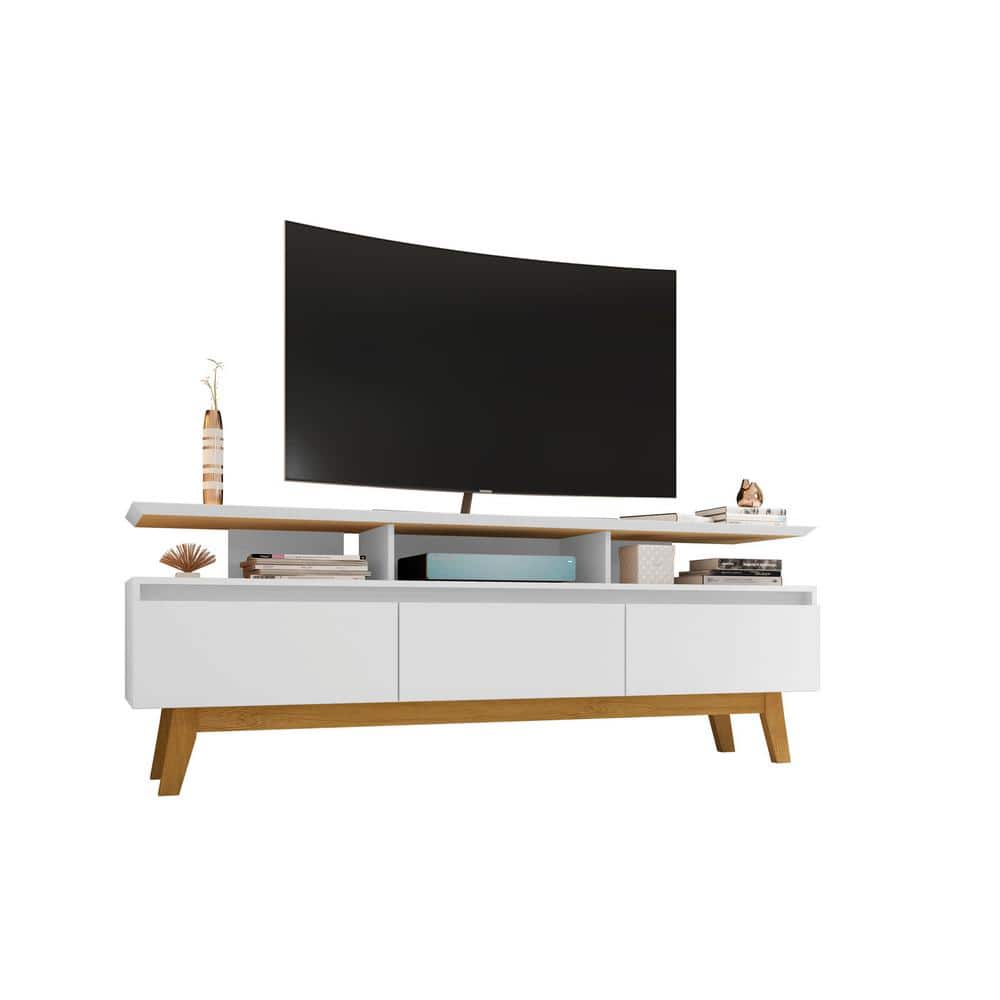 Mid-Century Modern White TV Stand with Open & Concealed Storage, 70.86"