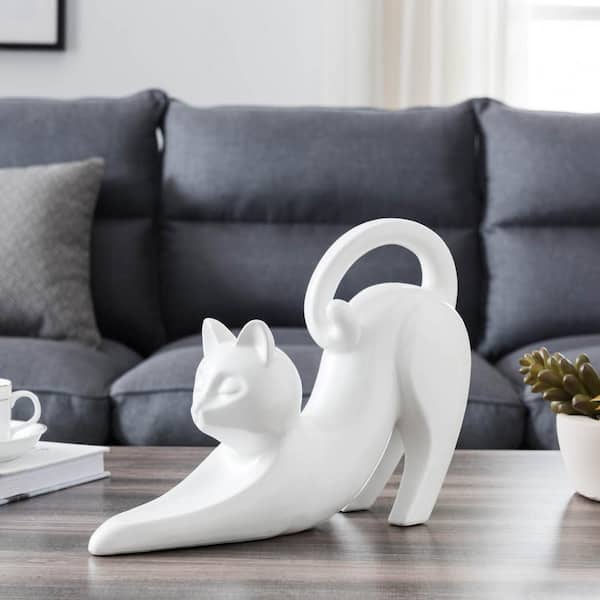 Unbranded Stretching White Cat Ceramic Figurine