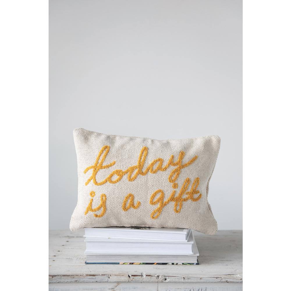 Cream and Mustard Embroidered Cotton Lumbar Pillow