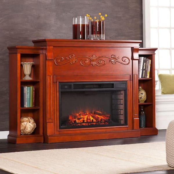 Southern Enterprises Irving 70.25 in. Freestanding Bookcase Electric Fireplace in Classic Mahogany