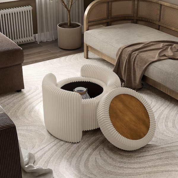 Furniture of America Fana Beige Corduroy Fabric Round Storage Ottoman With Tray Top