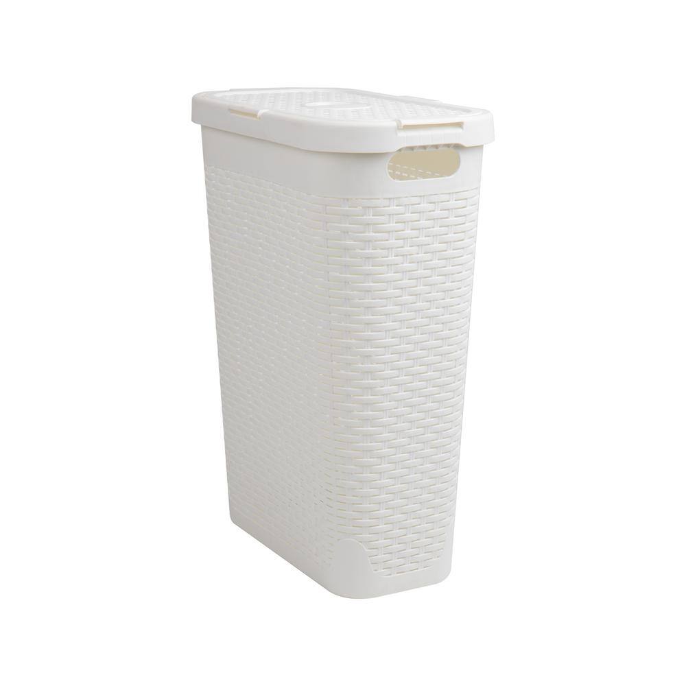 White Slim Rectangular Wicker Laundry Hamper with Lid