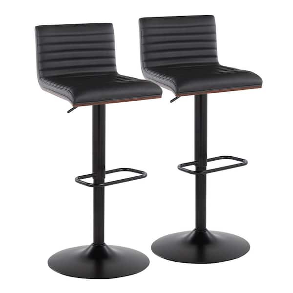 Lumisource Mason 32.75 in. Black Faux Leather, Walnut Wood and Black Metal Adjustable Bar Stool (Set of 2)