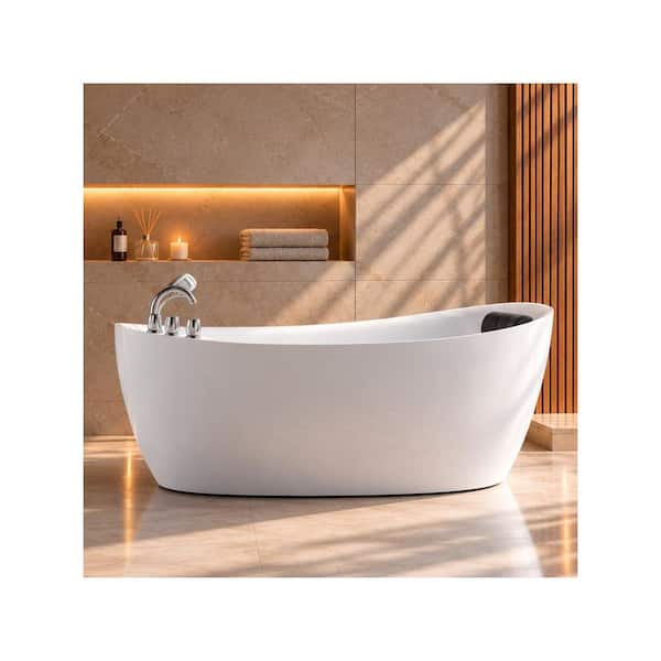 67 in. Right Hand Drain Acrylic Freestanding Flatbottom Whirlpool Bathtub in White with Faucet - Water Jets