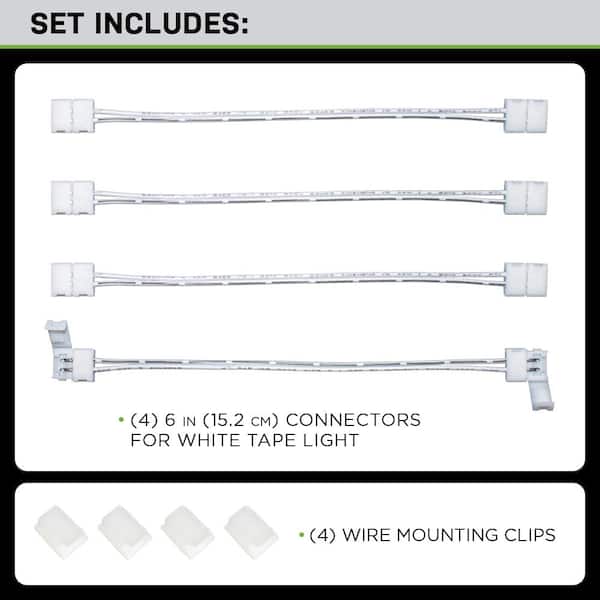 Commercial Electric 6 in. White Connector Cord LED Strip Light Connector Pack (4 x 6 in. Snap Connectors, 4 Wire Mounting Clips) C560011 - Home Depot